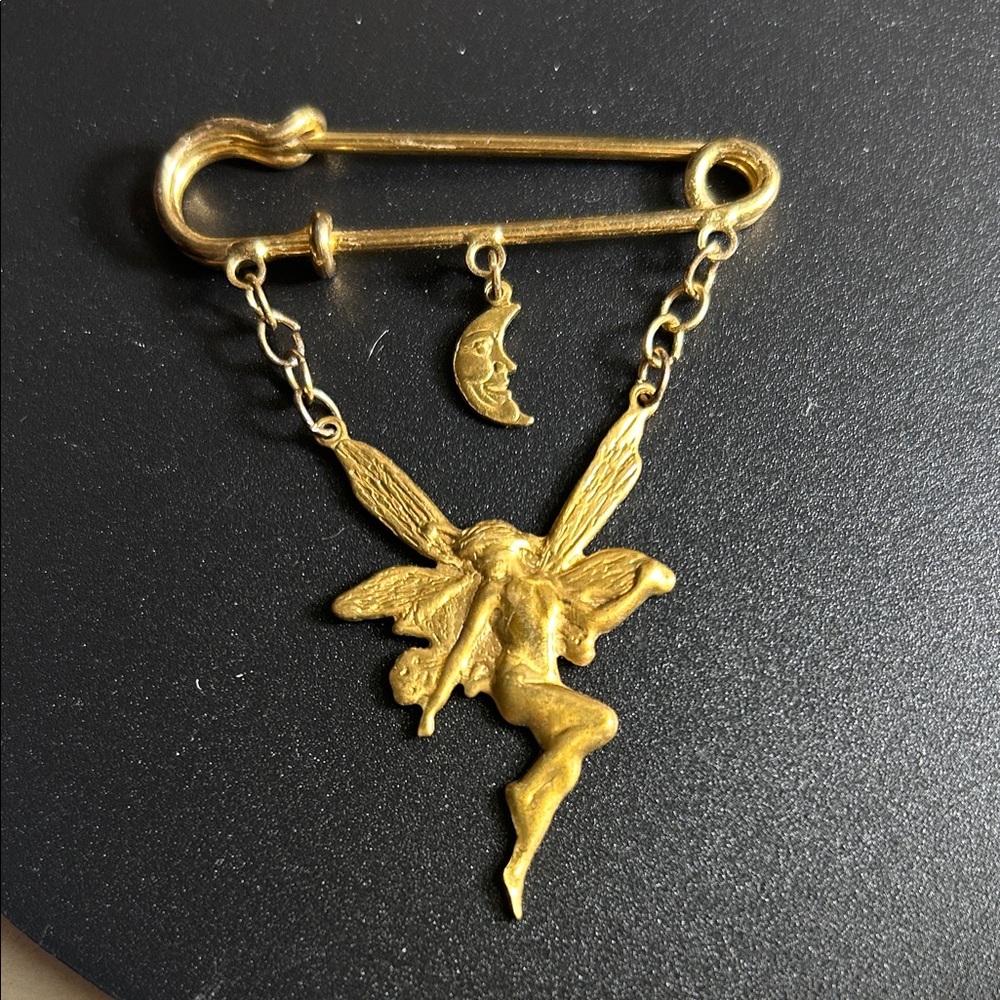 Art Nouveau Style Fairy Safety Pin Brooch with Moon Charm